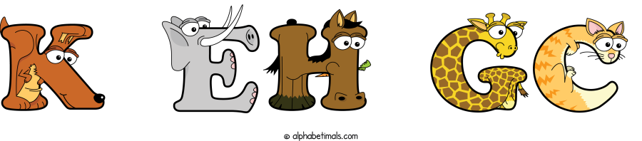 K Eh Gc animal word art spelling K Eh Gc with Alphabetimals - cartoon alphabet animals