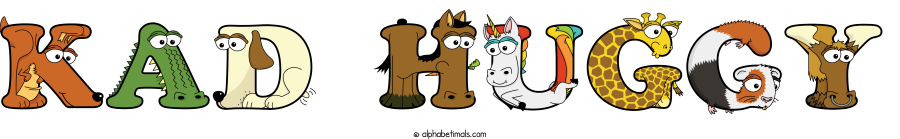 Kad Huggy animal word art spelling Kad Huggy with Alphabetimals - cartoon alphabet animals