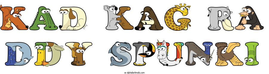 Kad Kag Ra Ddy Spunki animal word art spelling Kad Kag Ra Ddy Spunki with Alphabetimals - cartoon alphabet animals