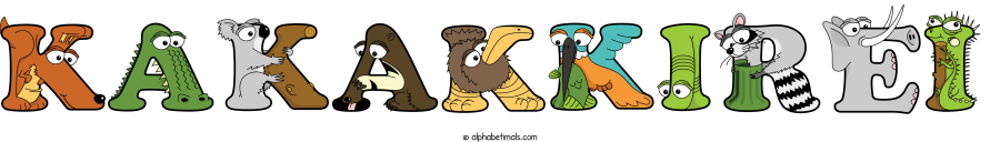 Kakakkirei animal word art spelling Kakakkirei with Alphabetimals - cartoon alphabet animals