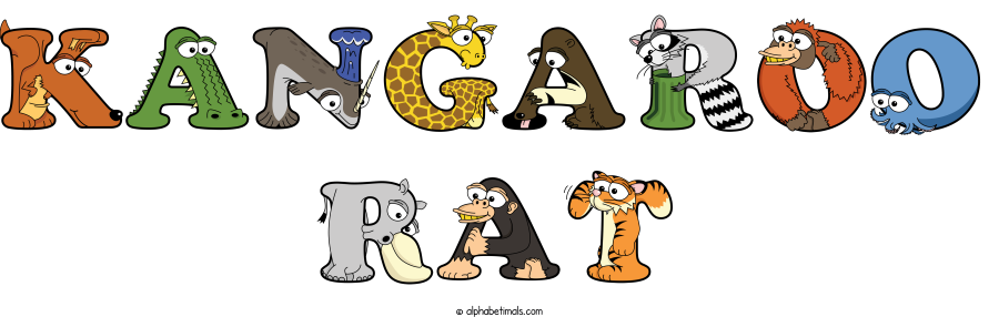 Kangaroo Rat animal word art spelling Kangaroo Rat with Alphabetimals - cartoon alphabet animals
