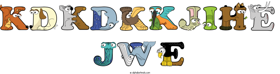Kdkdkkjihe Jwe animal word art spelling Kdkdkkjihe Jwe with Alphabetimals - cartoon alphabet animals