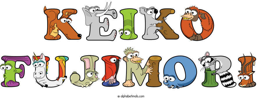 Keiko Fujimori animal word art spelling Keiko Fujimori with Alphabetimals - cartoon alphabet animals