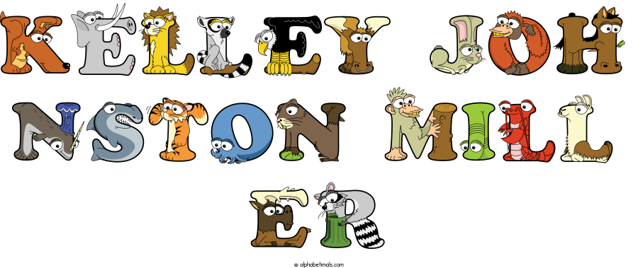 Kelley Joh Nston Mill Er animal word art spelling Kelley Joh Nston Mill Er with Alphabetimals - cartoon alphabet animals