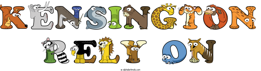 Kensington Rely On animal word art spelling Kensington Rely On with Alphabetimals - cartoon alphabet animals