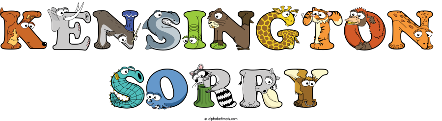 Kensington Sorry animal word art spelling Kensington Sorry with Alphabetimals - cartoon alphabet animals