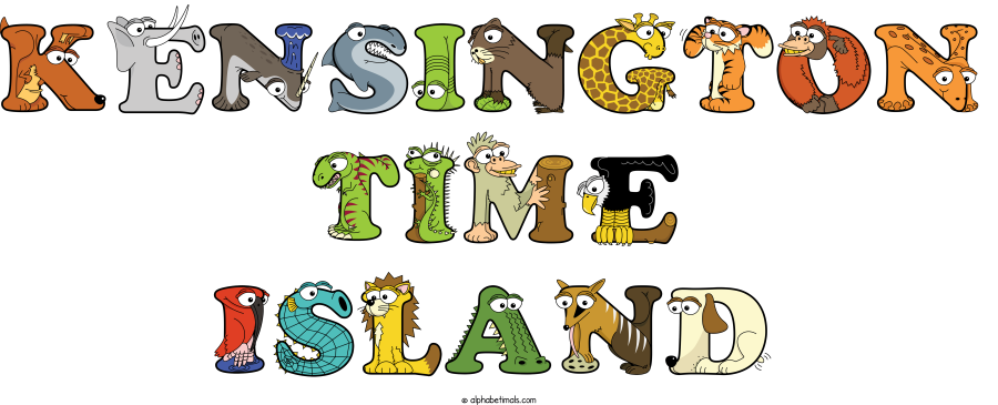Kensington Time Island animal word art spelling Kensington Time Island with Alphabetimals - cartoon alphabet animals