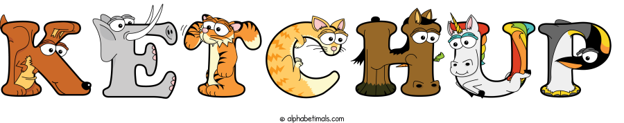 Ketchup animal word art spelling Ketchup with Alphabetimals - cartoon alphabet animals