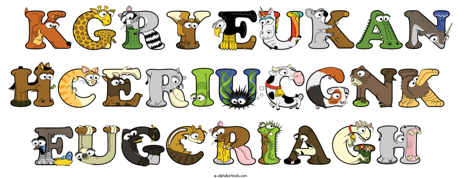 Kgryeukan Hceriucgnk Eugcriagh animal word art spelling Kgryeukan Hceriucgnk Eugcriagh with Alphabetimals - cartoon alphabet animals
