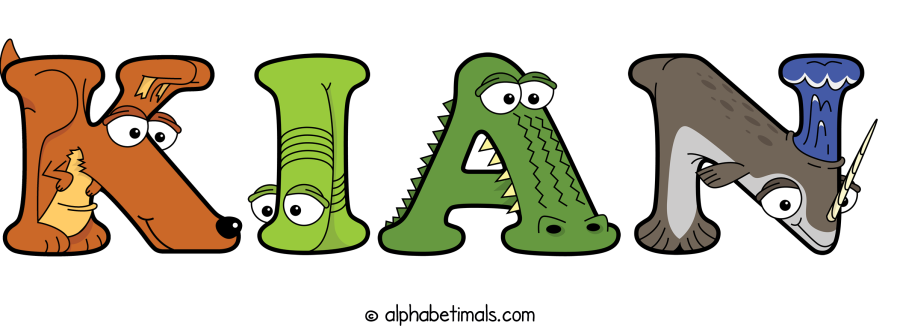 Kian animal word art spelling Kian with Alphabetimals - cartoon alphabet animals