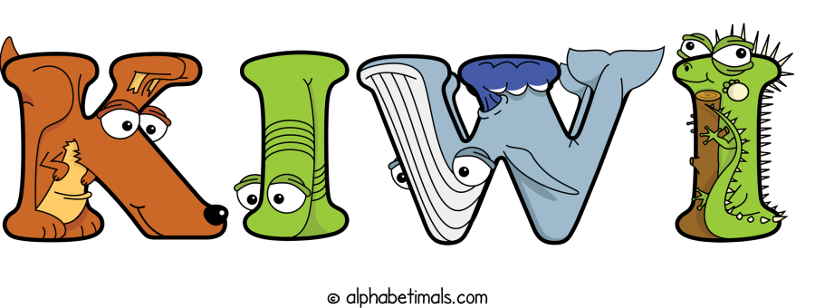 Kiwi animal word art spelling Kiwi with Alphabetimals - cartoon alphabet animals
