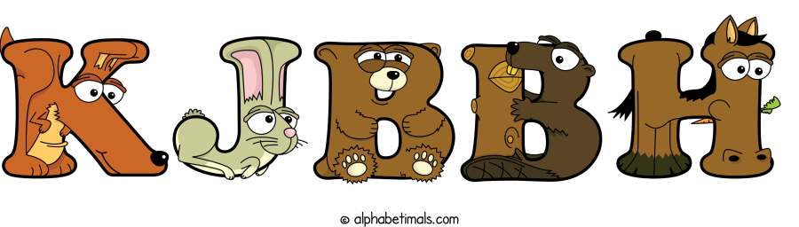 Kjbbh animal word art spelling Kjbbh with Alphabetimals - cartoon alphabet animals