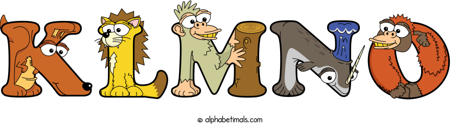 Klmno animal word art spelling Klmno with Alphabetimals - cartoon alphabet animals