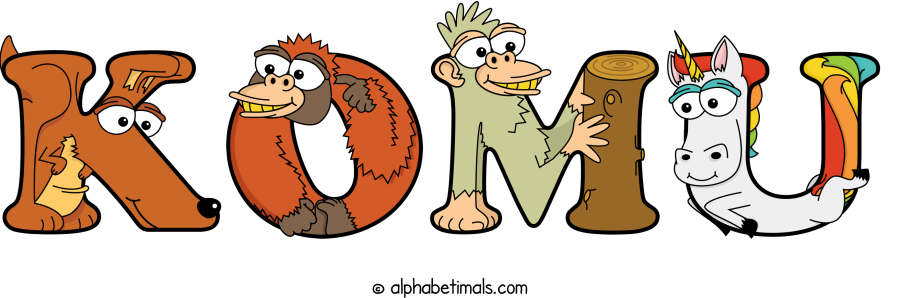 Komu animal word art spelling Komu with Alphabetimals - cartoon alphabet animals