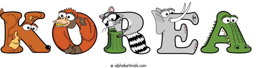 Korea animal word art spelling Korea with Alphabetimals - cartoon alphabet animals