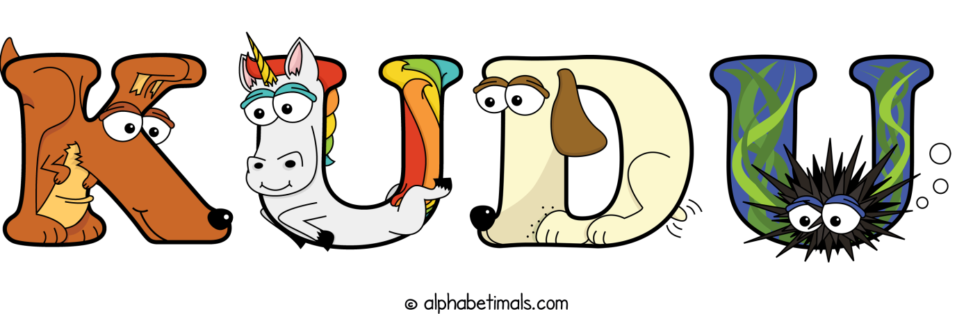 The word kudu written using cute cartoon animal alphabet letters