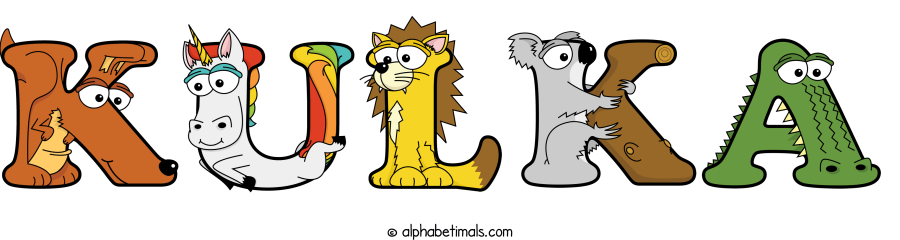 Kulka animal word art spelling Kulka with Alphabetimals - cartoon alphabet animals