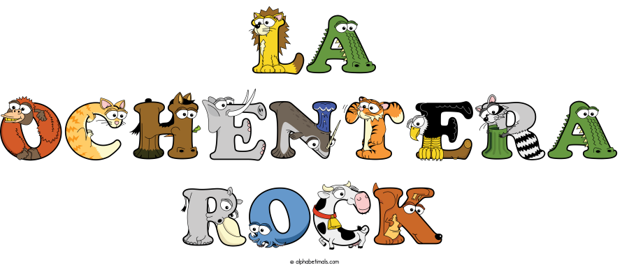 La Ochentera Rock animal word art spelling La Ochentera Rock with Alphabetimals - cartoon alphabet animals