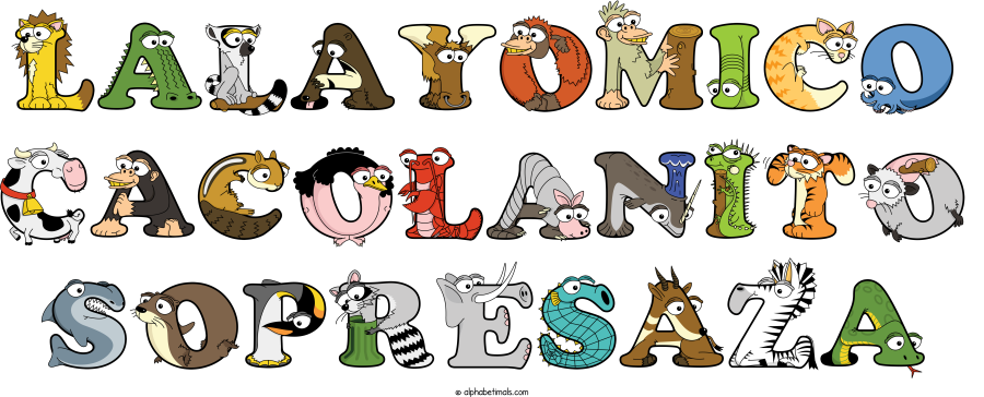 Lalayomico Cacolanito Sopresaza animal word art spelling Lalayomico Cacolanito Sopresaza with Alphabetimals - cartoon alphabet animals