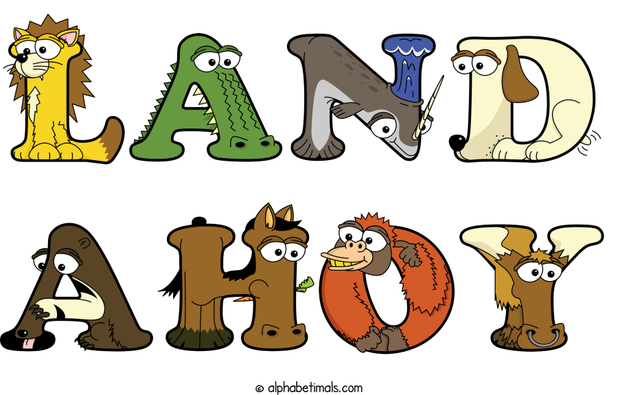 Land Ahoy animal word art spelling Land Ahoy with Alphabetimals - cartoon alphabet animals
