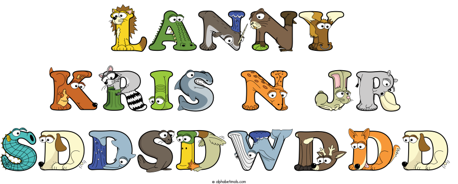 Lanny Kris N Jr Sddsdwddd animal word art spelling Lanny Kris N Jr Sddsdwddd with Alphabetimals - cartoon alphabet animals