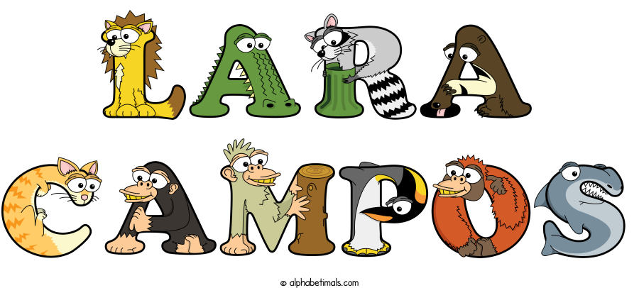 Lara Campos animal word art spelling Lara Campos with Alphabetimals - cartoon alphabet animals