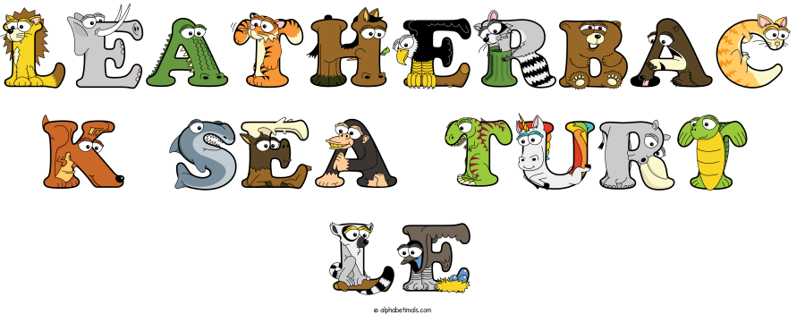 Leatherbac K Sea Turt Le animal word art spelling Leatherbac K Sea Turt Le with Alphabetimals - cartoon alphabet animals
