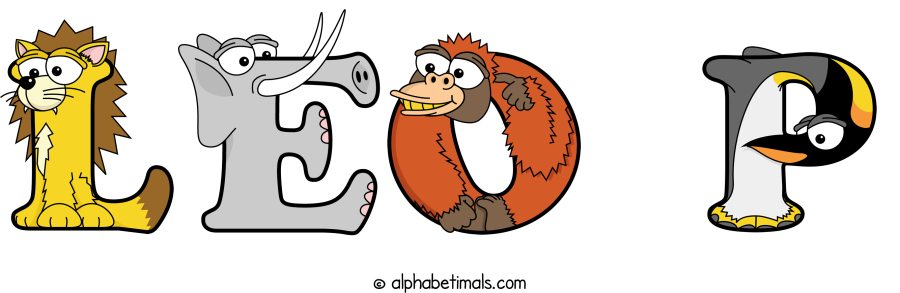 Leo P animal word art spelling Leo P with Alphabetimals - cartoon alphabet animals