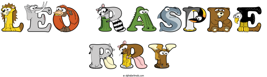 Leo Raspbe Rry animal word art spelling Leo Raspbe Rry with Alphabetimals - cartoon alphabet animals