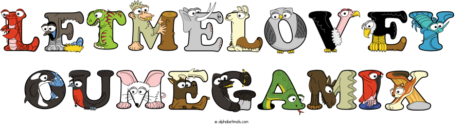 Letmelovey Oumegamix animal word art spelling Letmelovey Oumegamix with Alphabetimals - cartoon alphabet animals