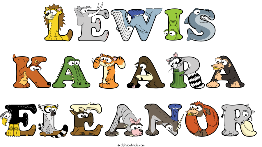 Lewis Katara Eleanor animal word art spelling Lewis Katara Eleanor with Alphabetimals - cartoon alphabet animals