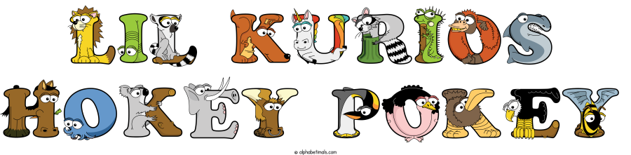Lil Kurios Hokey Pokey animal word art spelling Lil Kurios Hokey Pokey with Alphabetimals - cartoon alphabet animals