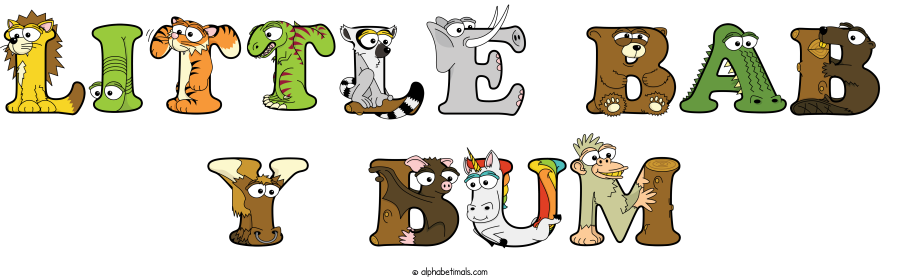 Little Bab Y Bum animal word art spelling Little Bab Y Bum with Alphabetimals - cartoon alphabet animals