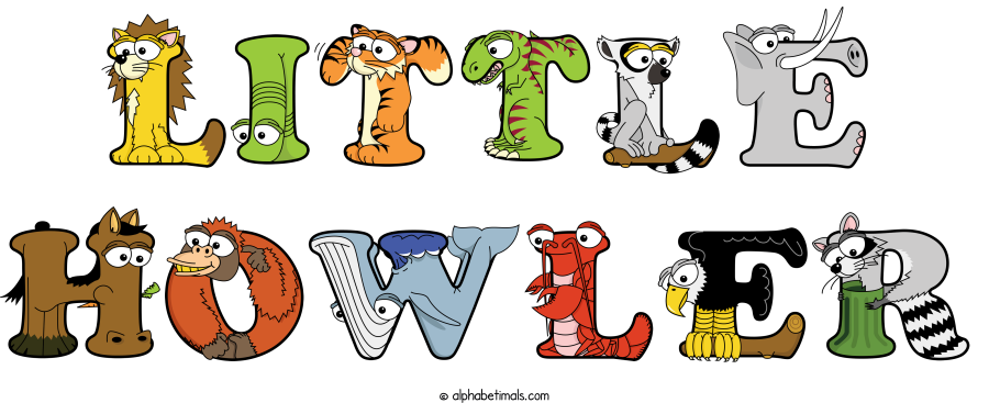 Little Howler animal word art spelling Little Howler with Alphabetimals - cartoon alphabet animals