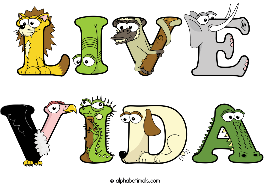 Live Vida animal word art spelling Live Vida with Alphabetimals - cartoon alphabet animals