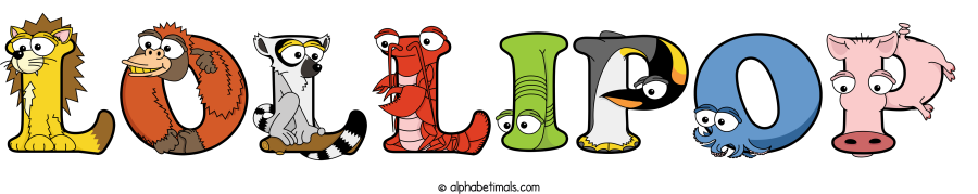 Lollipop animal word art spelling Lollipop with Alphabetimals - cartoon alphabet animals