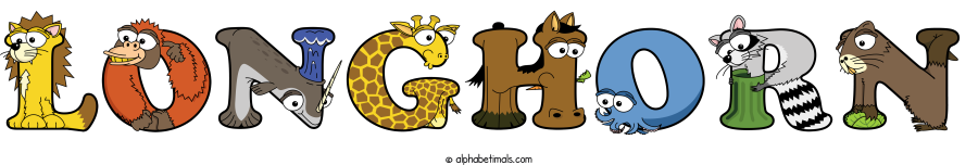 Longhorn animal word art spelling Longhorn with Alphabetimals - cartoon alphabet animals