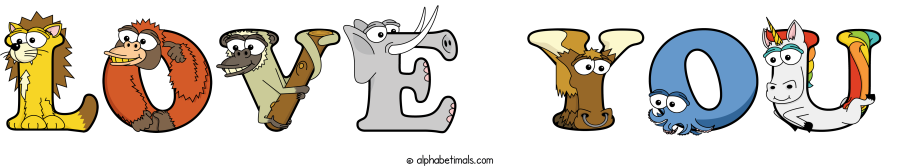 Love You animal word art spelling Love You with Alphabetimals - cartoon alphabet animals