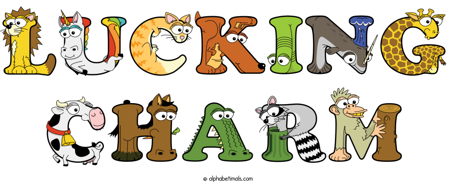 Lucking Charm animal word art spelling Lucking Charm with Alphabetimals - cartoon alphabet animals