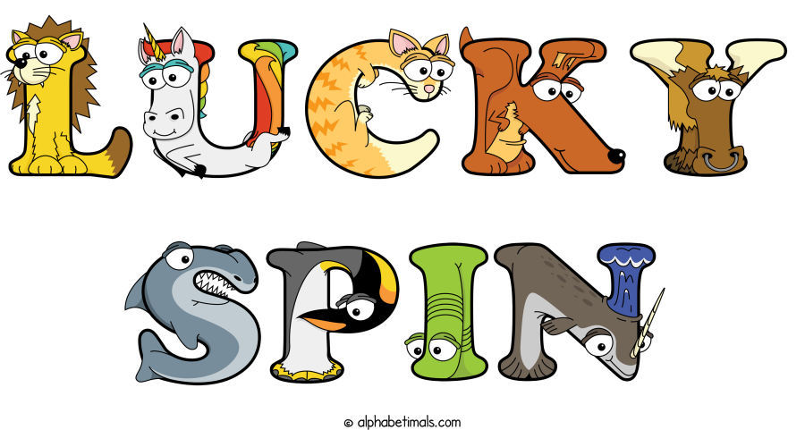 Lucky Spin animal word art spelling Lucky Spin with Alphabetimals - cartoon alphabet animals