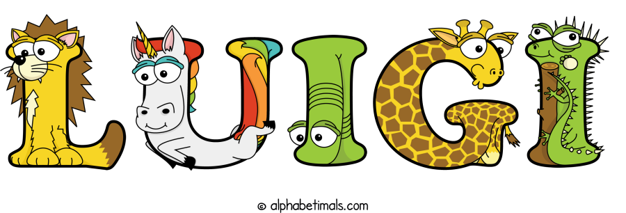Luigi animal word art spelling Luigi with Alphabetimals - cartoon alphabet animals