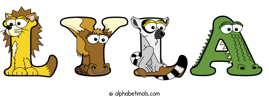 Lyla animal word art spelling Lyla with Alphabetimals - cartoon alphabet animals