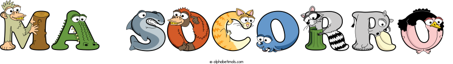 Ma Socorro animal word art spelling Ma Socorro with Alphabetimals - cartoon alphabet animals