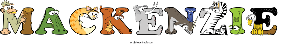 Mackenzie animal word art spelling Mackenzie with Alphabetimals - cartoon alphabet animals