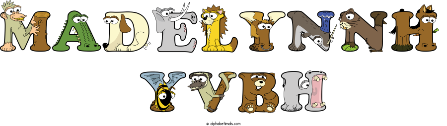 Madelynnh  Yvbh animal word art spelling Madelynnh  Yvbh with Alphabetimals - cartoon alphabet animals