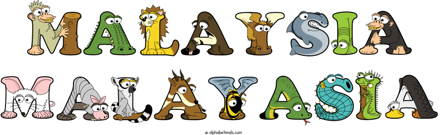 Malaysia Malayasia animal word art spelling Malaysia Malayasia with Alphabetimals - cartoon alphabet animals