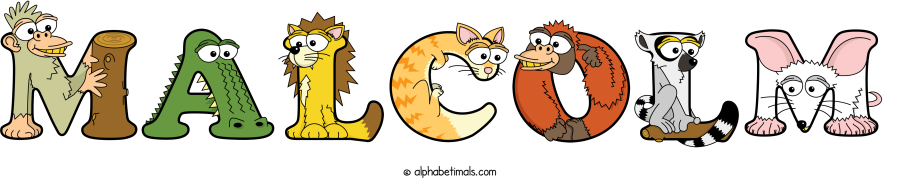 Malcolm animal word art spelling Malcolm with Alphabetimals - cartoon alphabet animals
