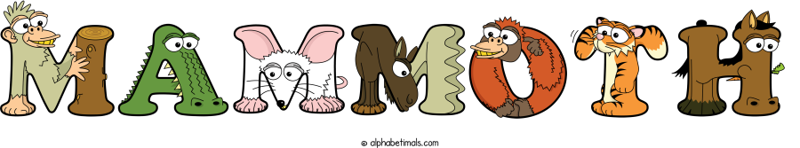 Mammoth animal word art spelling Mammoth with Alphabetimals - cartoon alphabet animals