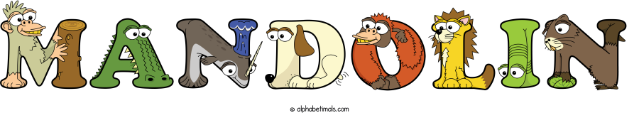 Mandolin animal word art spelling Mandolin with Alphabetimals - cartoon alphabet animals