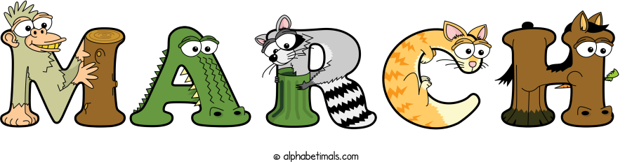 March animal word art spelling March with Alphabetimals - cartoon alphabet animals
